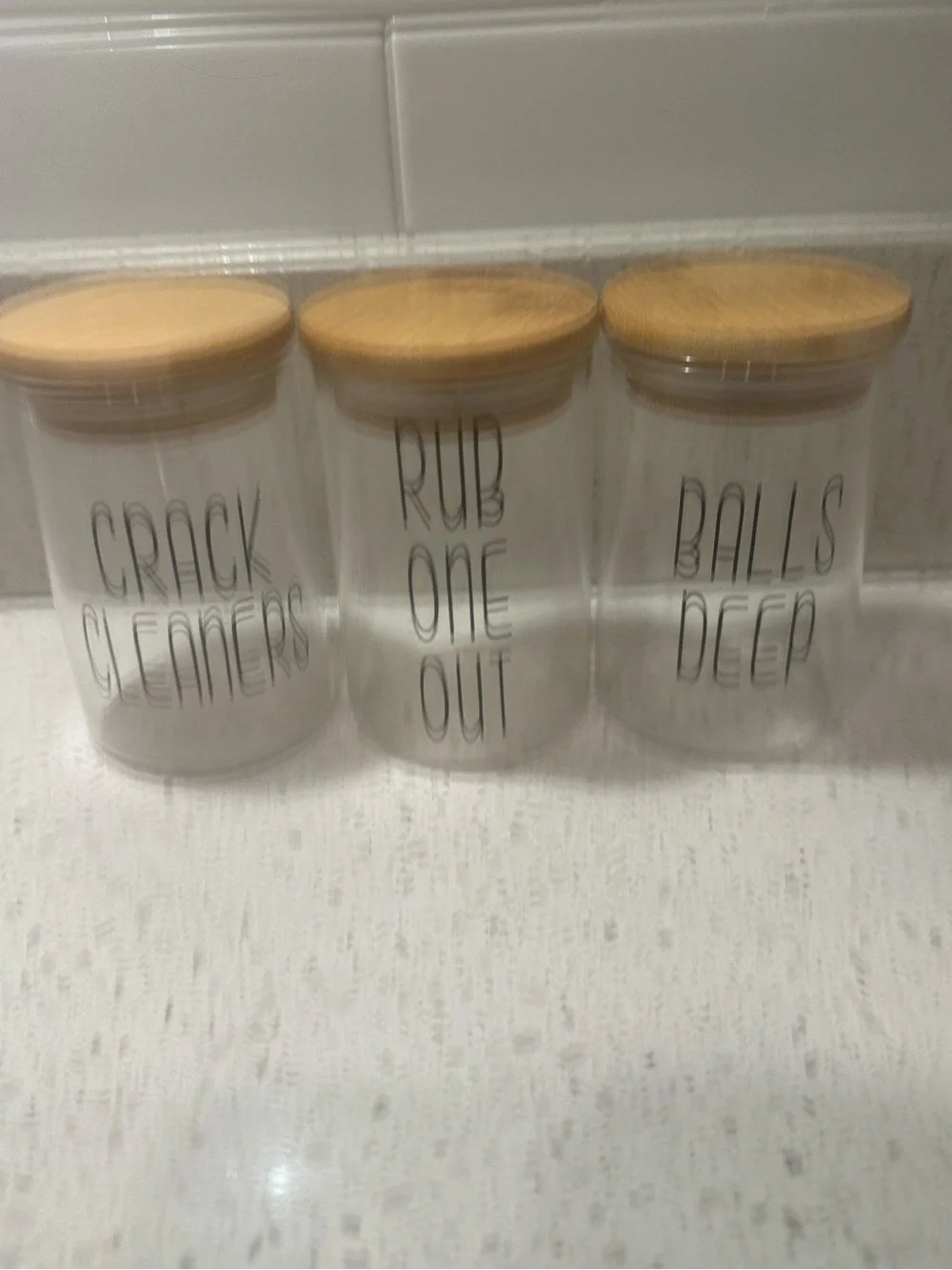 Bathroom Vanity Glass Storage Containers Funny Titles with Bamboo Lids for Cotto